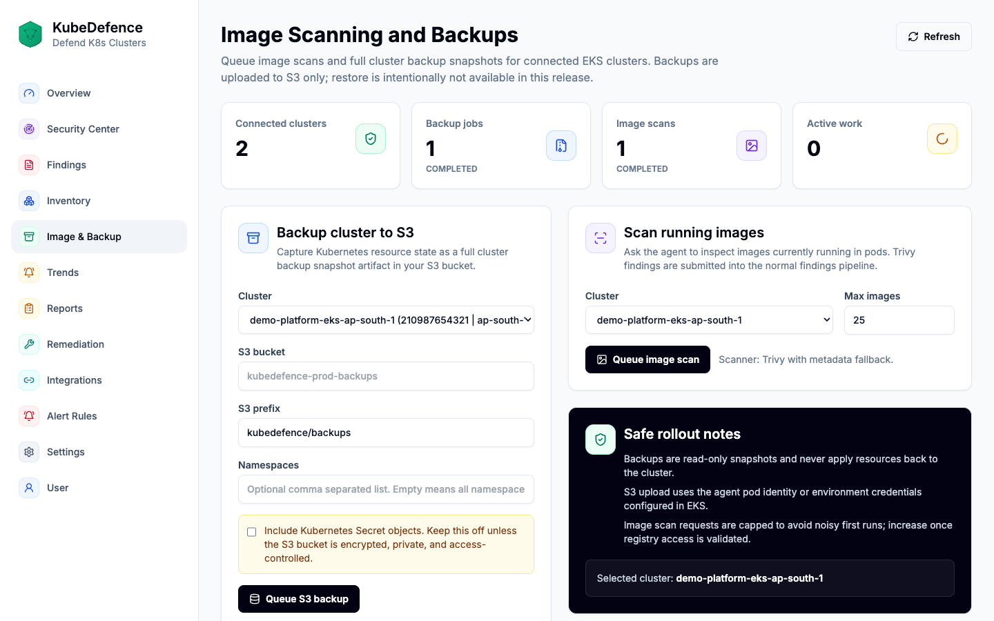 KubeDefence image scanning and cluster backup demo screen
